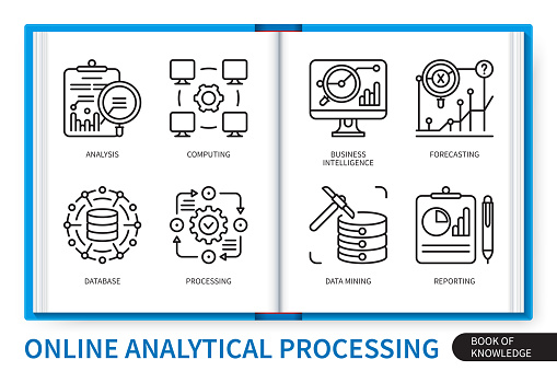 Online analytical processing infographics OLAP elements set. Computing, business intelligence, data mining, reporting, processing, analysis, database, forecasting . Web vector linear icons collection