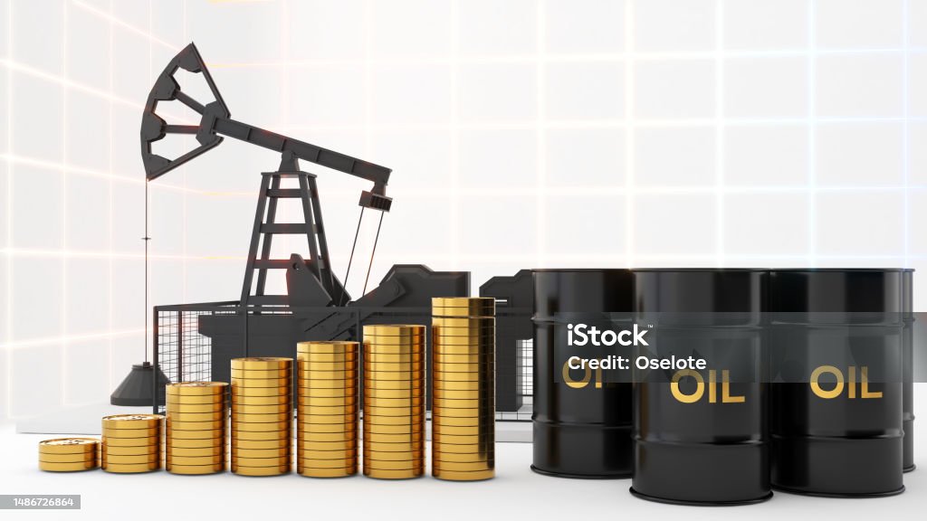 Oil barrel and oil well on white background with gold coin,Oil prices affect travel and transportation finance businesses.,3d rendering Oil Drum Stock Photo
