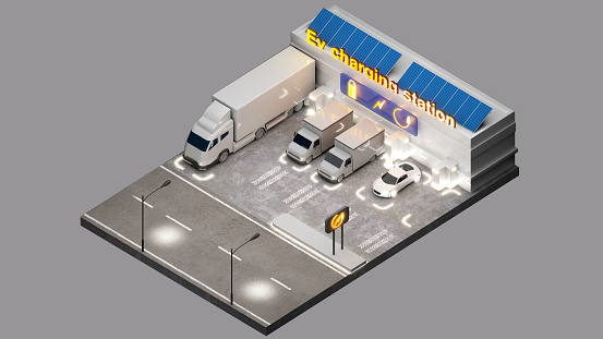 electric vehicle power station,Powering vehicles for transportation and travel,isometric shape,3D rendering