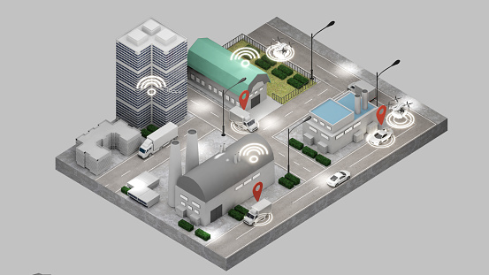 Maps and travel directions are located in the city via wireless data connection. ,and numerous industrial factories,isometric shape,3D rendering