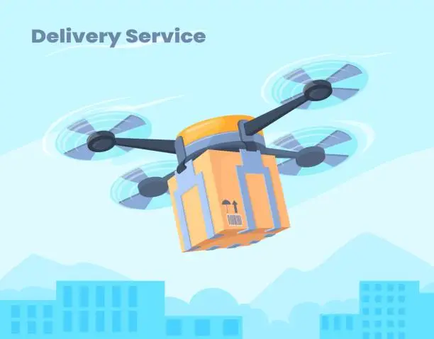 Vector illustration of Drone delivers cargo. Wireless delivery air transport gift package parcel box, innovation logistic gps technology, helicopter ventilation shipping vehicle neat vector illustration