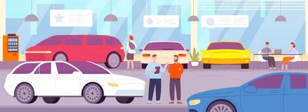 Vector illustration of Car sellers. Cars salesmen with automobile buyer owner in automobile showroom auto dealer store, people sell or rent vehicle, automotive sale office, splendid vector illustration
