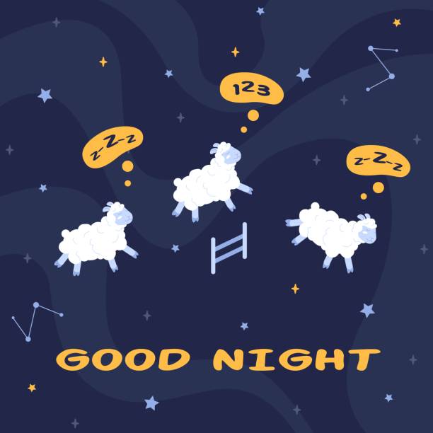 istock Counting sheep. Funny sheeps jump over fence for bedtime count, sleepless night insomnia or good sleep concept, sleepy lamb comic baby kids character, cartoon vector illustration 1486727789