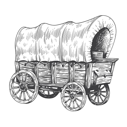 Covered wagon sketch. Old trip carriage, vintage horse vehicles drawing, wooden farming tent cart traditional western trravel cowboy pioneer vehicle vector illustration of carriage or wagon sketch