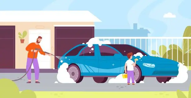 Vector illustration of Father washing car. Dad and son wash dirt automobile in house yard, kid with bucket sponge helping parent, child cleaner chores, man washes cars at home cartoon vector illustration