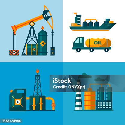 istock Gas oil industry. Concept vector illustrations in circle backgrounds. Oil production. Industrial engineering oil 1486728466