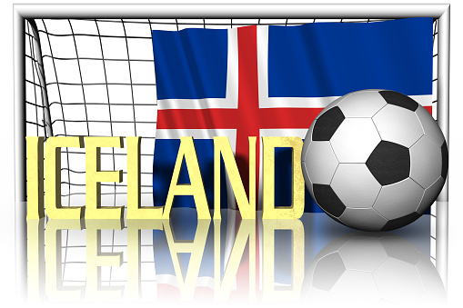 Iceland. National flag with soccer ball in the foreground. Sport football - 3D Illustration