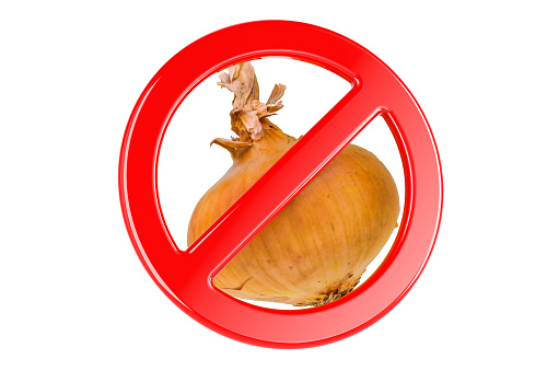 Bulb onion with forbidden sign, 3D rendering isolated on white background