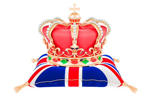 Royal golden crown on pillow with the United Kingdom flag. Coronation concept, 3D rendering isolated on white background