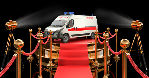 Podium with ambulance van. 3D rendering isolated on black background