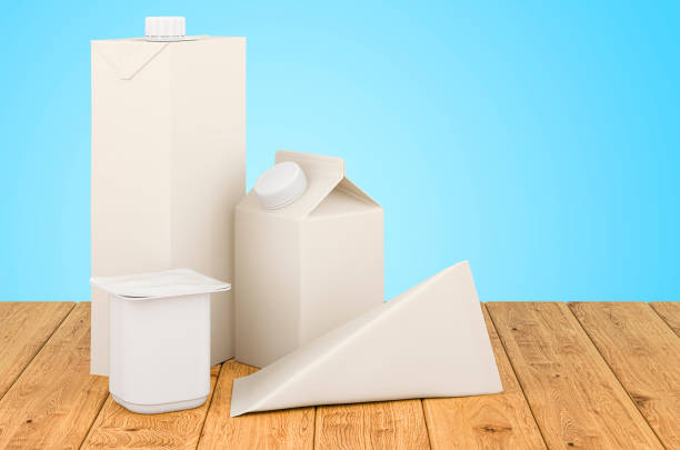 istock Packaging for dairy, juice products on the wooden table, 3D rendering 1486730989