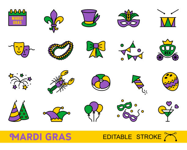 ilustrações de stock, clip art, desenhos animados e ícones de mardi gras carnival set icons with editable stroke, design element , linear style. - mardi gras new orleans feather mask