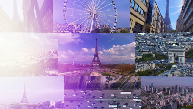 Paris, France, 05 April 2023: Multi Screen Collage of Paris time lapse and aerial view. Collection of footage with the most famous parisian landmarks: Eiffel tower, Triumphal Arch