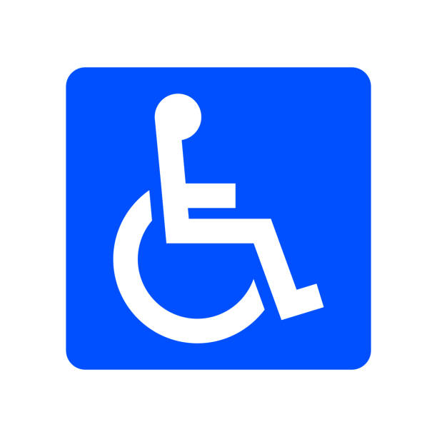 illustrazioni stock, clip art, cartoni animati e icone di tendenza di sedia a rotelle, handicap o parcheggio per l'accessibilità o segno di accesso icona vettoriale blu piatta per app e stampa - accessibility sign disabled sign symbol