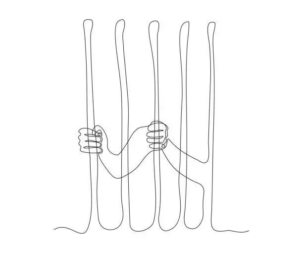 Vector illustration of abstract hands behind bars, captivity, prison, incarceration Continuous One Line Drawing