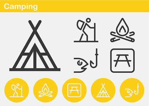 Camping, Tent, Camping Tent, Hiking tent, Hiking, Walk, Trekking, Outdoor, Sign,  Symbo, Navigation, Campfire, National Parks, Recreation Sign, Fishing Symbol, Recreational.Minimal Line Icons