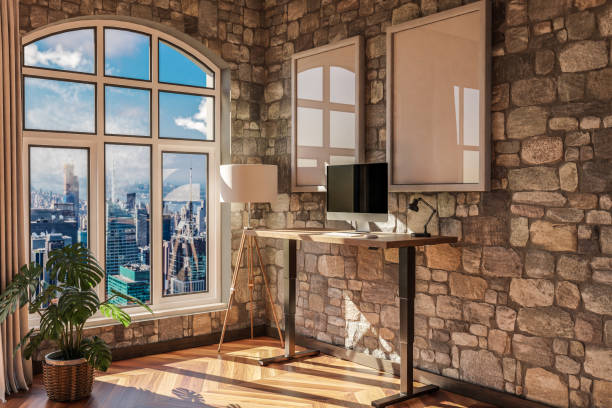 istock modern standing desk pc workplace in daylight downtown skyline office; home decoration desing and home office concept; 3D Illustration 1486738356