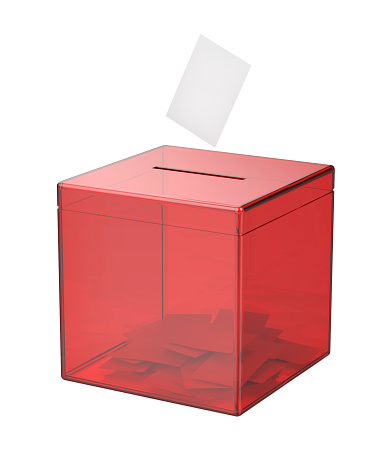 Red transparent ballot box with voting paper on white background