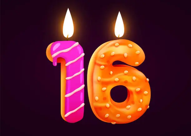 Vector illustration of Birthday cake font number 16 with candle. One year anniversary. Tasty collection.