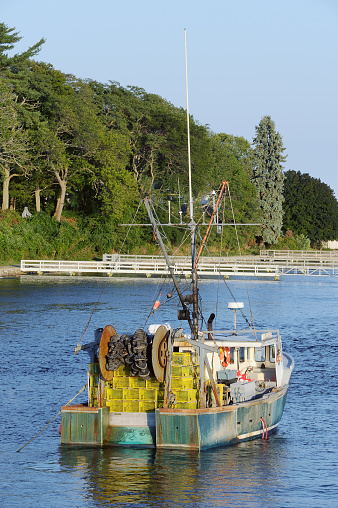 Lobster fishing boats moored in York harbor, Maine, USA