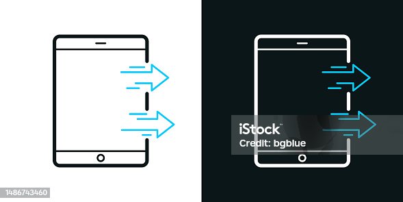 istock Send from tablet PC. Bicolor line icon on black or white background - Editable stroke 1486743460
