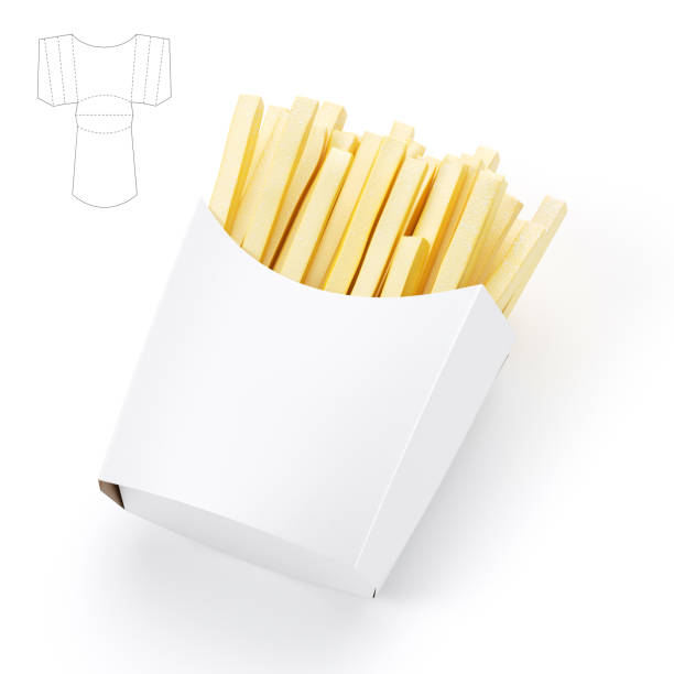 This is a 3D rendered illustration of french fries with blueprint drawing