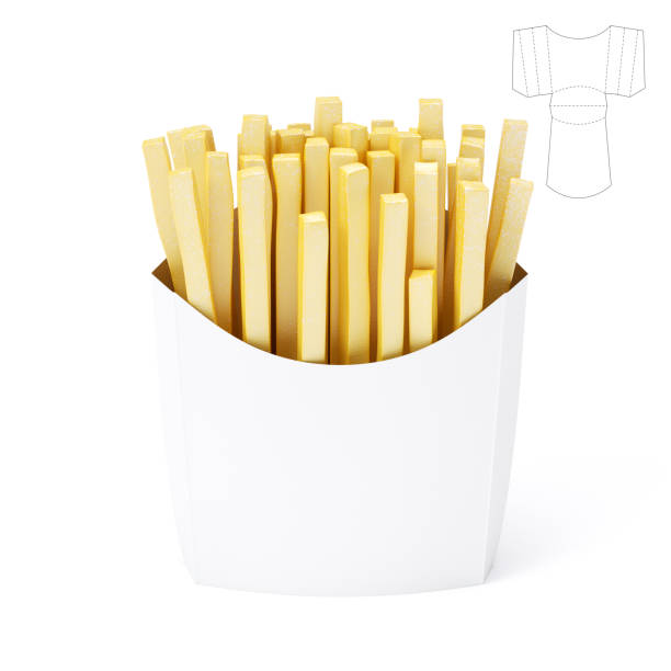 This is a 3D rendered illustration of french fries with blueprint drawing