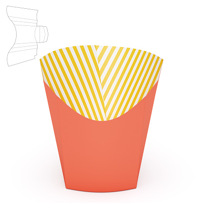 This is a 3D rendered illustration of french fries with blueprint drawing