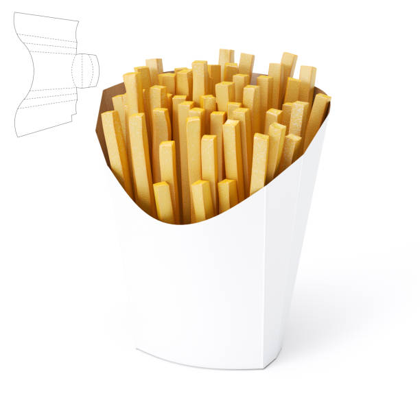 This is a 3D rendered illustration of french fries with blueprint drawing