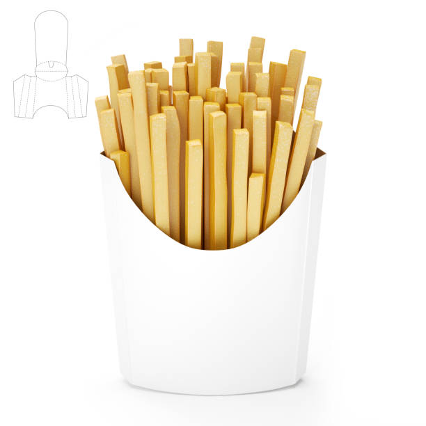 This is a 3D rendered illustration of french fries with blueprint drawing