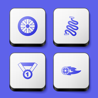 Set Alloy wheel for car Racing track Medal and Wheel fire flame icon. White square button. Vector.
