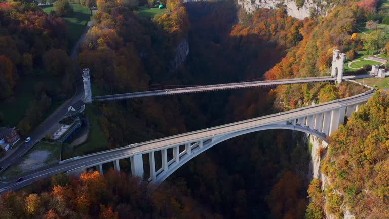 Drone aerial view of Pont De La Caille  Caille arch bridge and Charles Albert Bridge connect to area between beautiful vally hill ,famous and history travel destination spot view of  Rhône-Alpes France