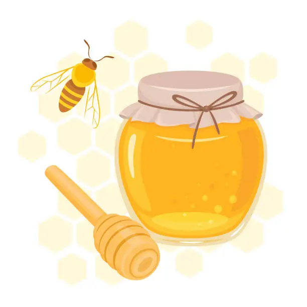 Vector illustration of Honey in glass jar with honey dipper and bee. Vector cartoon flat illustration.