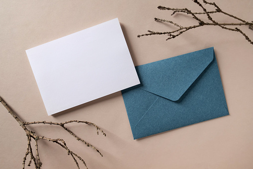 White blank greeting or invitation card and envelope with dried plant decoration on brown background. Mock up presentation. Flat lay, top view with copy space. Minimal modern style.