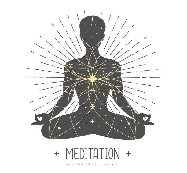 宇宙空間、宇宙、星、惑星を内部に持つ瞑想する男のシルエット。ベクターイラスト - chakra yoga lotus meditating点のイラスト素材／クリップアート素材／マンガ素材／アイコン素材