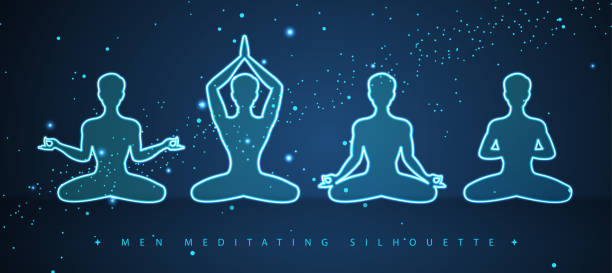 illustrazioni stock, clip art, cartoni animati e icone di tendenza di insieme di neon blu che meditano le sagome degli uomini sullo sfondo dello spazio esterno. illustrazione vettoriale - pranayama