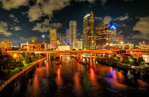 The city lights are shining beautifully on on a quiet evening in Tampa's downtown