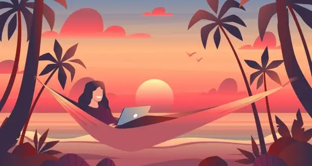 Vector illustration of Girl in hammock with tablet works on tropical island beach at sunset. Freelance character on tropical resort. Summer sea vacation. Seashore background. Cartoon flat isolated vector concept