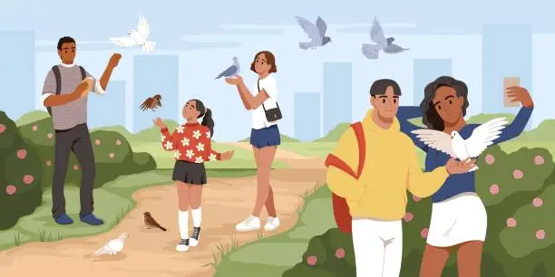 Vector illustration of People feed pigeons. Walkers in park feed birds, happy guys and girls give grains and crumbs to doves and sparrows, men women and kids walking, cartoon flat style isolated tidy vector concept