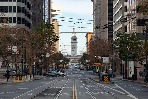 A picture of the Market Street and the Ferry Building in San Francisco.