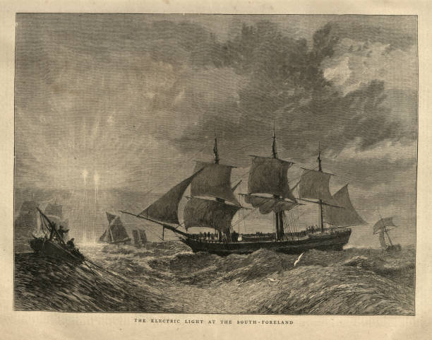 The Electric light phenomena at the South Foreland, Sailing ships, 1870s, 19th Century History vector art illustration