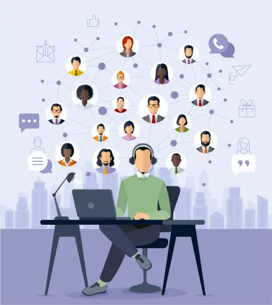 Vector illustration of Businessman working online. Social network concept. Connection on cloud technology network.