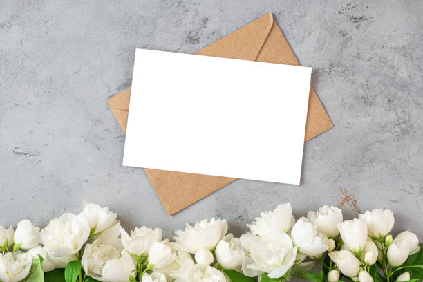 istock Blank greeting card with white jasmine flowers on gray background. Wedding invitation. Mock up. Flat lay 1486754525
