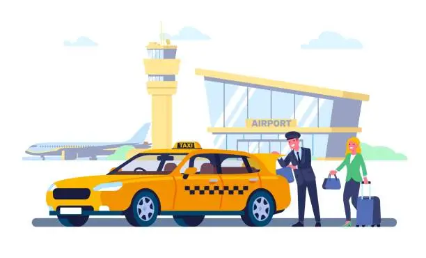 Vector illustration of Taxi services at airport. Driver loads passengers luggage in trunk of car. City transportation. Tourist ordering automobile. Woman calling cab. Yellow vehicle at parking. Vector concept