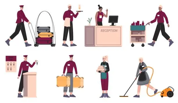 Vector illustration of Cartoon hotel staff. Guest house professional employees. Men and women in uniform. Receptionist and porter. Bellboy carrying luggage. Maid with vacuum cleaner. Vector motel workers set