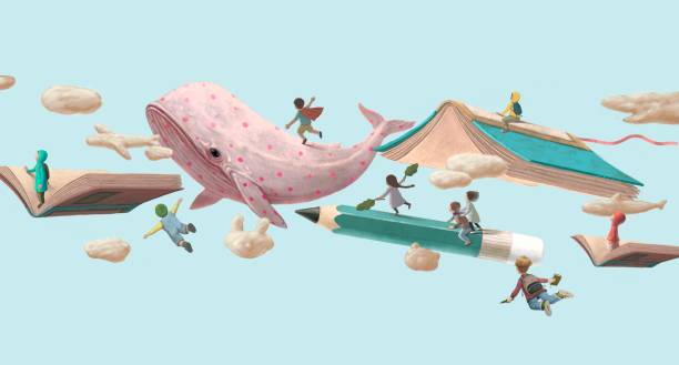 Untitled Artwork Education learning dream hope inspiration and freedom concept, girl and boy with imagination book. surreal painting. Fantasy art, conceptual artwork, happiness of child , 3d illustration boy and girl reading stock illustrations