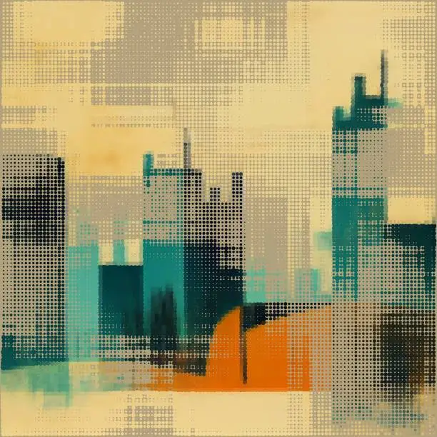 Vector illustration of Abstract cityscape halftone dots background. Vector illustration