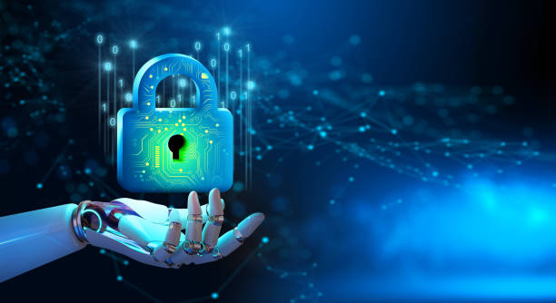 istock Robot hand holding Padlock with Keyhole on Smartphone. Modern safety digital Concept. 1486760809