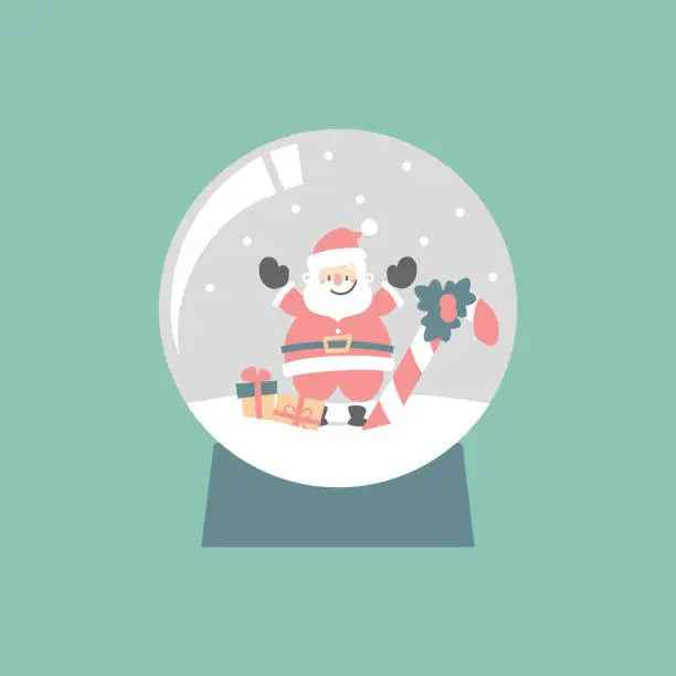 Vector illustration of merry christmas and happy new year with cute santa claus, candy cane and present gift in crystal ball