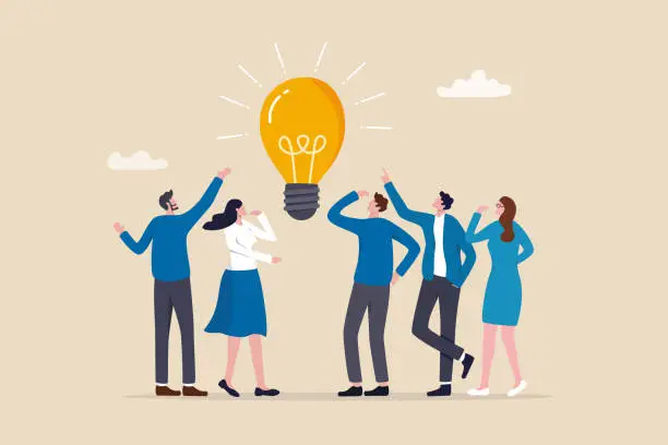 Vector illustration of Brainstorming business idea, solution to solve problem, discussion to discover new idea, meeting or participation, team think together concept, business people brainstorming in business meeting.